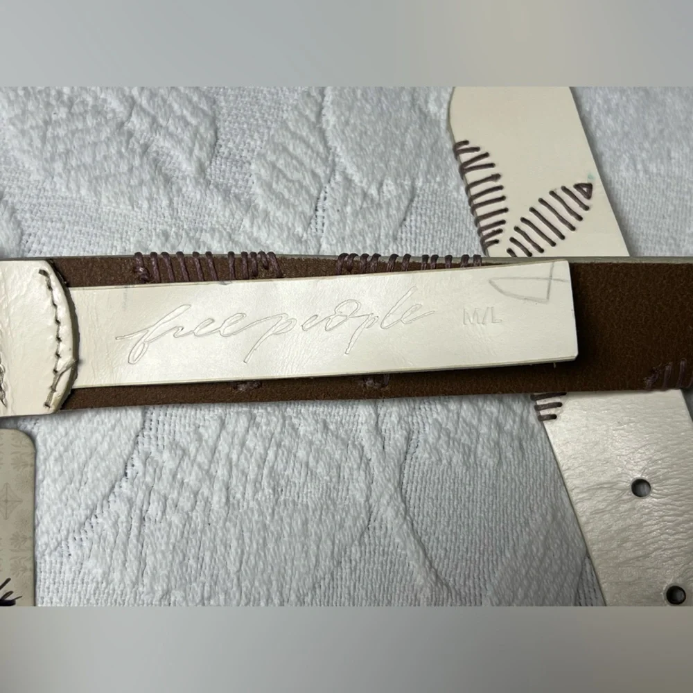 Free People White Leather Belt with Purple - Brown Embroidery, M/L